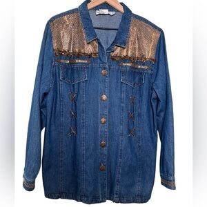 VTG 90s Nancy Bolen Western Boho Denim Shacket Snake Print‎ Feather Trim Sz 18
